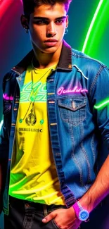 Stylish person in vibrant neon colors and denim jacket.