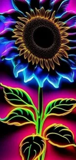 Vibrant neon sunflower with colorful petals and glowing effect.