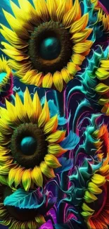 Vibrant neon sunflowers with colorful background.