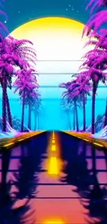 Vibrant neon road with pink palm trees under a glowing sunset.