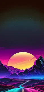 Vibrant neon sunset over mountains with a vivid color scheme.