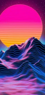 Vibrant neon pink sunset over futuristic mountains.