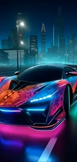 Vibrant neon supercar in futuristic cityscape.
