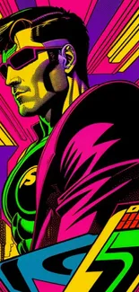 Neon superhero in magenta comic style illustration.