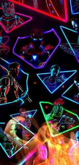 Vibrant neon superhero collage in dynamic shapes.