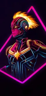 Neon superhero character with vibrant colors in a dynamic pose.