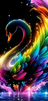 Colorful neon swan with rainbow feathers on dark background.