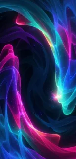 Vibrant neon swirl wallpaper with blue, pink, and green on a dark background.