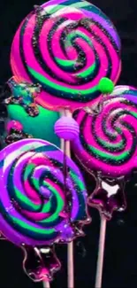 Vibrant neon lollipop candies with swirls.