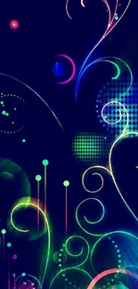 Vibrant neon swirl on dark blue background wallpaper.