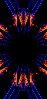 Abstract neon pattern wallpaper with vibrant symmetry in orange and blue hues.