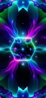 Symmetrical neon cosmic wallpaper with vibrant colors.