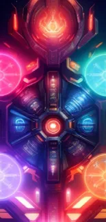 Vibrant neon tech art wallpaper with colorful discs and a cyber theme.