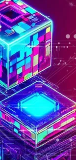 Vibrant neon tech cubes with glowing patterns.