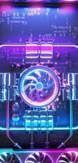 Futuristic neon tech wallpaper with glowing circuitry and vibrant colors.