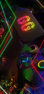 Neon tech wallpaper with colorful circuit design and vibrant patterns.