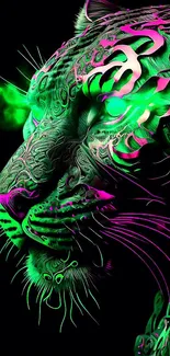 Neon green and pink tiger digital art wallpaper with intricate patterns.