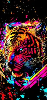 Vibrant neon tiger artwork with colorful splashes on a black background.