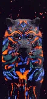 Neon tiger with vibrant colors on black background for mobile wallpaper.