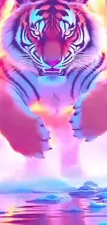 Ethereal neon tiger leaps through colorful landscape.
