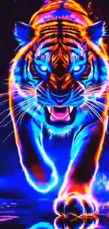 Bright neon tiger walking in dynamic, colorful art style.
