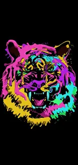 Vibrant neon tiger illustration on black background, colorful and bold.