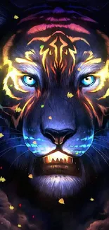 Vibrant neon tiger face with glowing eyes wallpaper.