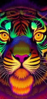 Vibrant neon tiger with psychedelic colors on a mobile wallpaper.