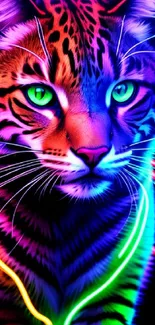 Vibrant neon tiger with colorful glowing stripes on a dark background.