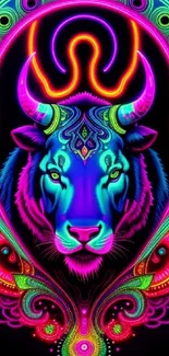 Vibrant neon tiger design with psychedelic patterns and colorful highlights.