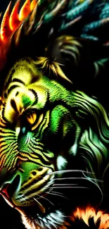 Vibrant neon tiger art with striking colors.