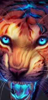 Vibrant neon tiger with fierce blue eyes on mobile wallpaper.