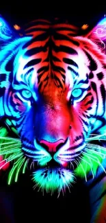 Neon tiger with vibrant colors on a black background.