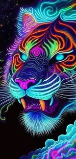 Vibrant neon tiger with a cosmic backdrop, perfect for mobile wallpaper.