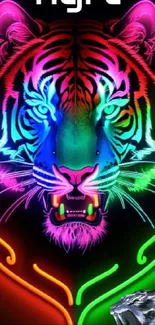 Vibrant neon tiger design on a black background with artistic flair.