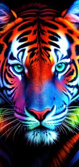 Vibrant neon tiger with colorful stripes on a black background.