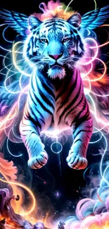 Vibrant neon tiger with mystical aura in digital artwork wallpaper.