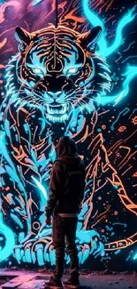 A neon tiger artwork on a mobile wallpaper with vibrant graffiti style.