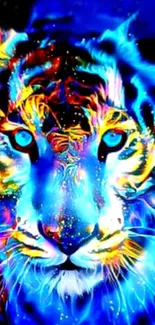 Vibrant neon tiger wallpaper with blue and orange colors.