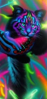 Vibrant neon tiger with colorful psychedelic patterns.