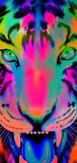 Vibrant neon tiger face wallpaper art.