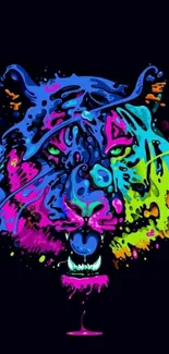 Vibrant tiger splash art with colorful hues on a black background.