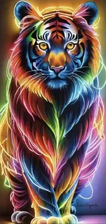 Colorful neon tiger artwork with a vibrant rainbow design.