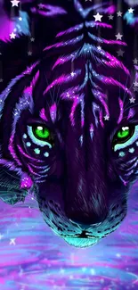 Neon tiger with green eyes in a vibrant, mystical purple design.