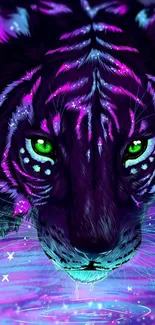 Neon tiger close-up with glowing eyes.