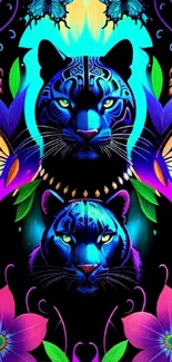 Neon tiger artwork with butterflies and flowers in vibrant colors.