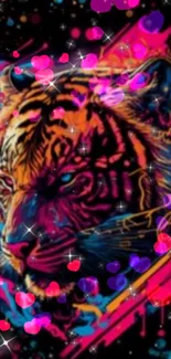 Neon tiger with heart accents in vibrant colors on black background.