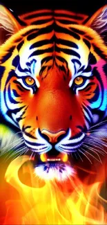 Vibrant neon tiger head art with colorful shades in a dark background.