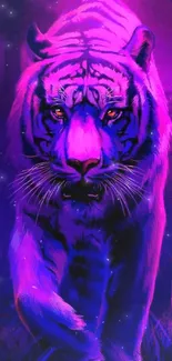 A neon tiger walks through a purple forest.