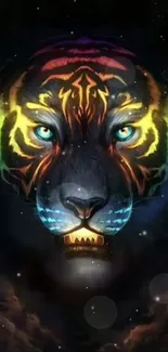 Neon tiger face with glowing colors on a dark background.